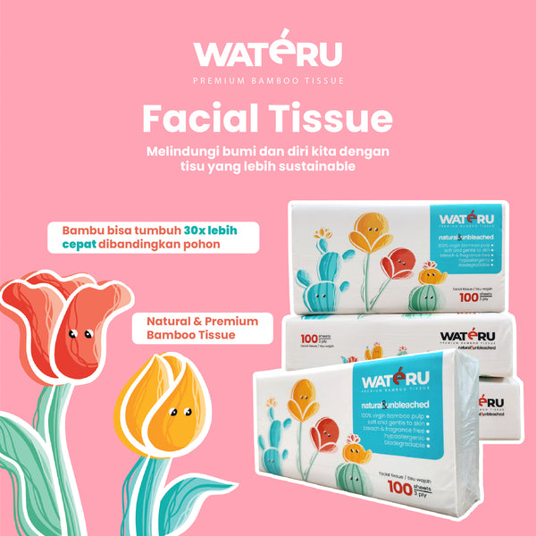 Wateru Facial Tissue 100s, 1 bundling pack, 5 x 100 sheets, 3 ply