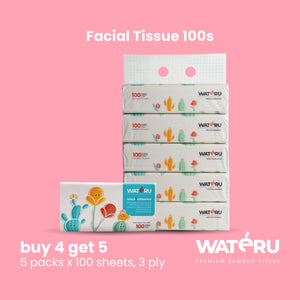 Wateru Facial Tissue 100s, 1 bundling pack, 5 x 100 sheets, 3 ply