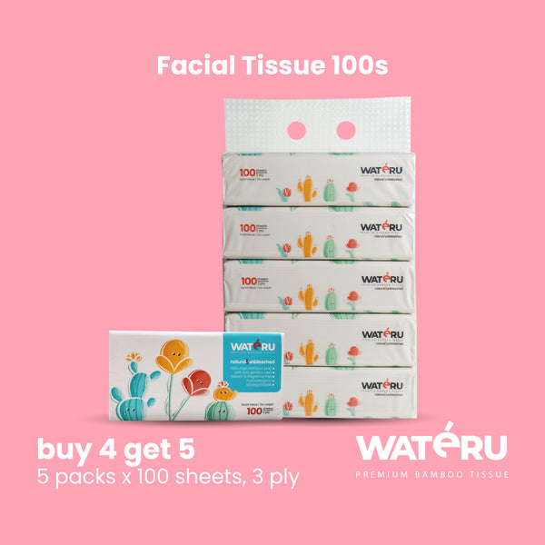 Wateru Facial Tissue 100s, 1 bundling pack, 5 x 100 sheets, 3 ply