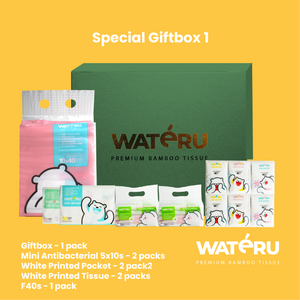 Special Giftbox 1 (2 packs Mini Antibacterial, 2 packs White Printed Pocket, 2 packs White Printed Tissue, 1 pack F40s)