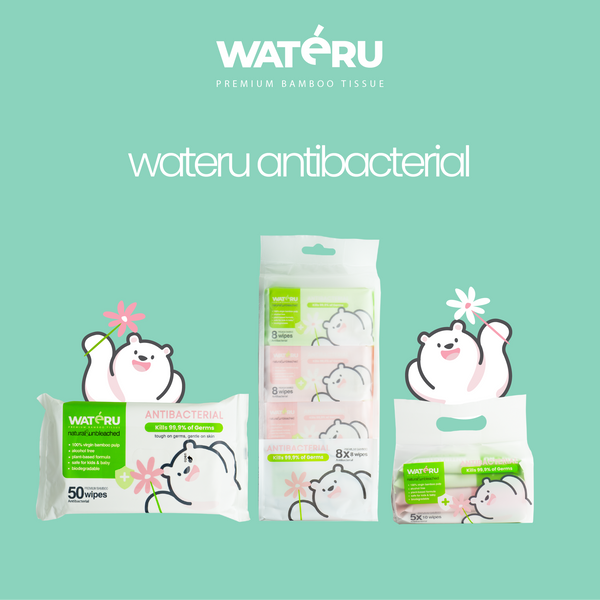 Wateru Pocket Antibacterial Wipes 8x8s (2 packs)